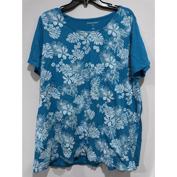 Woman Within Shirt Womens 18/20 Teal Floral Tropical Scoop Neck Plus Size Top - Picture 1 of 6